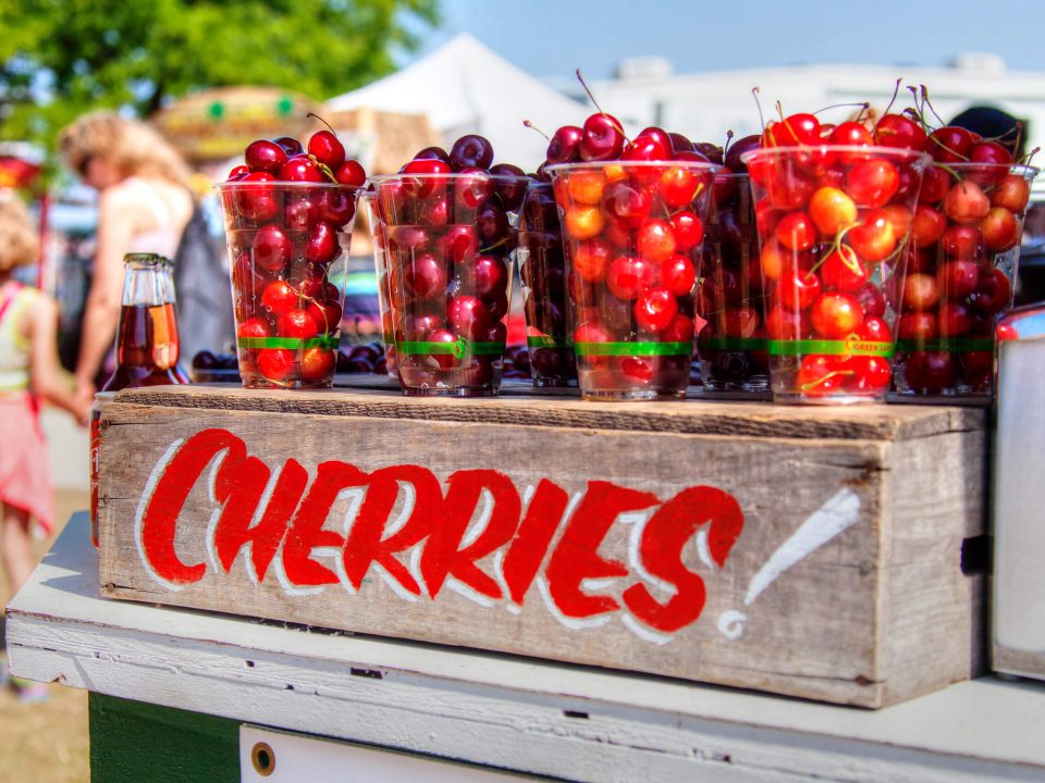 Crate of cherries on a table at the Traverse City Cherry Festival